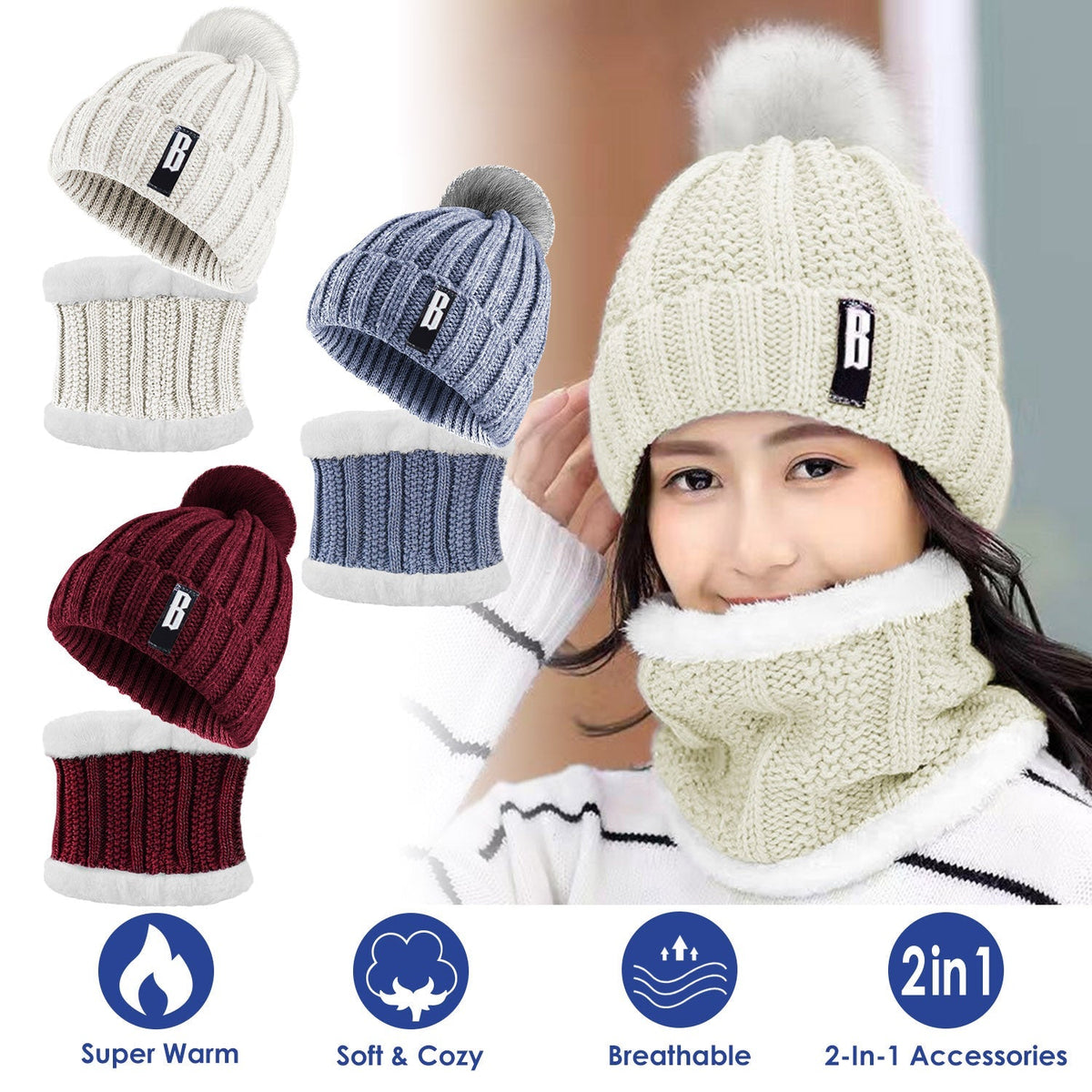 Winter Beanie Hat Scarf Set with Neck Warmer