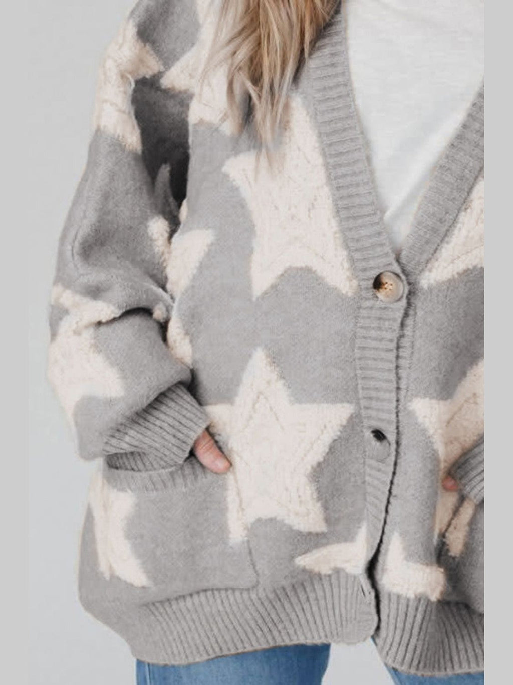 Women's Star Print Button-Up Cardigan Sweater with Pockets
