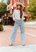 Lightwash Plaid Printed Highrise Cuffed wide leg Jeans(31in)