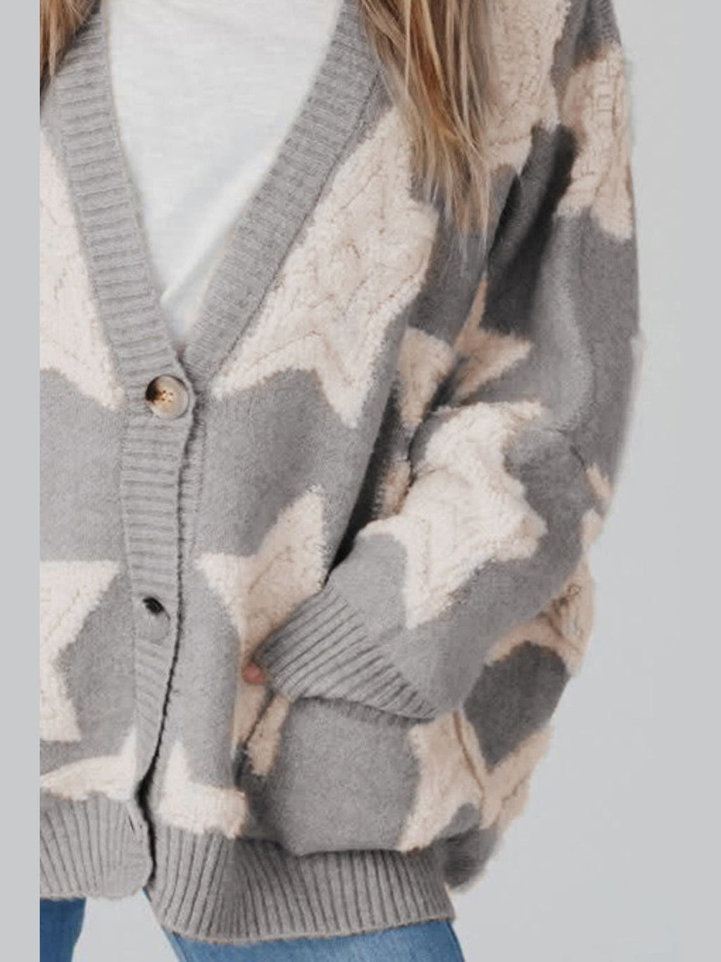 Women's Star Print Button-Up Cardigan Sweater with Pockets