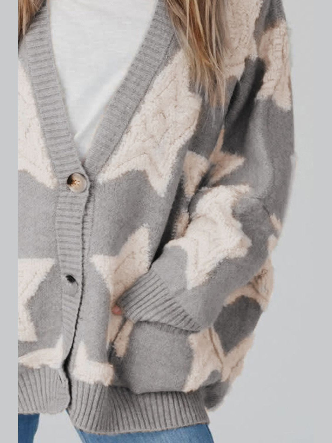 Women's Star Print Button-Up Cardigan Sweater with Pockets