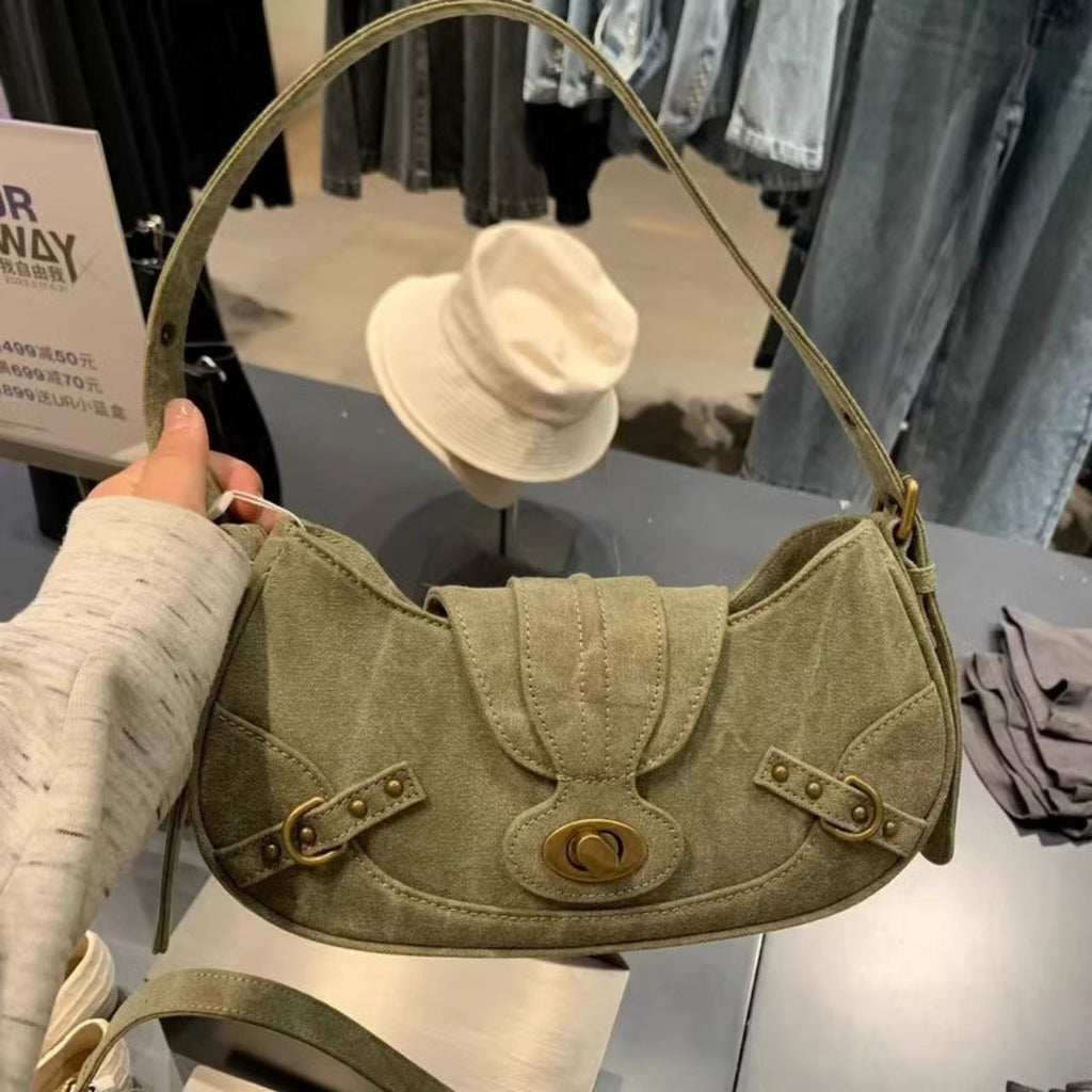Vintage Army Green Splicing Armpit Bag – Stylish Small Shoulder Purse, Versatile Hobo Bag