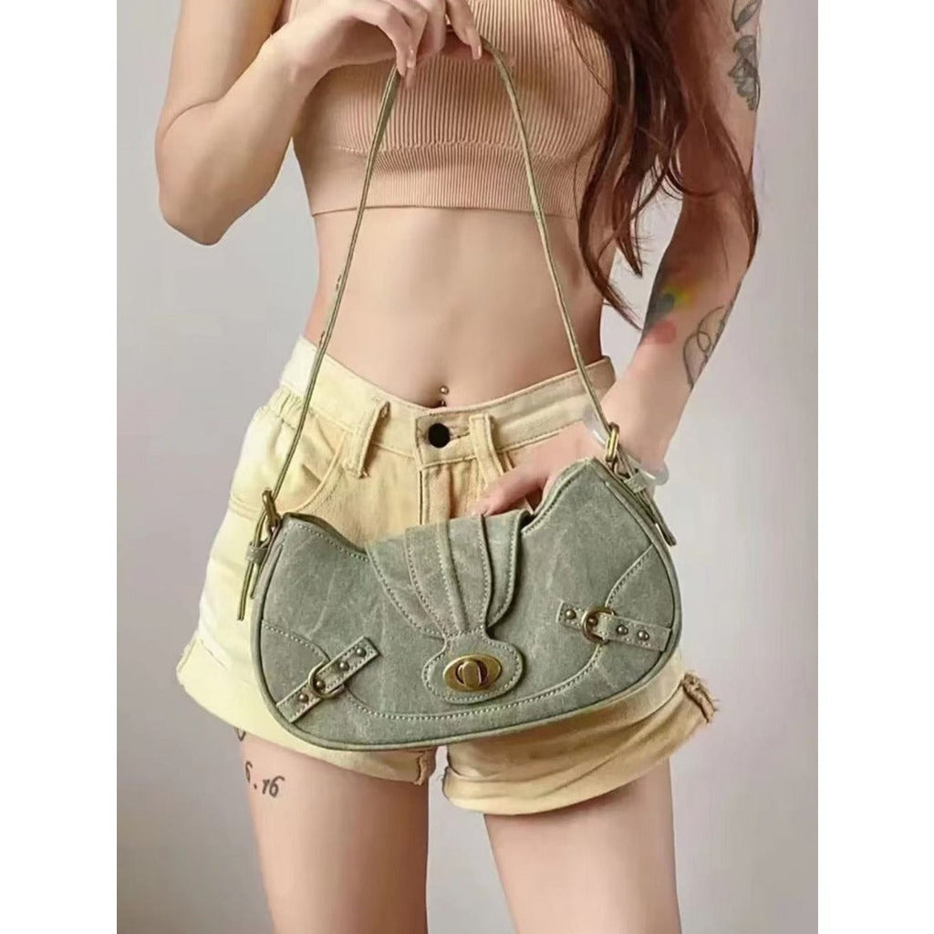 Vintage Army Green Splicing Armpit Bag – Stylish Small Shoulder Purse, Versatile Hobo Bag