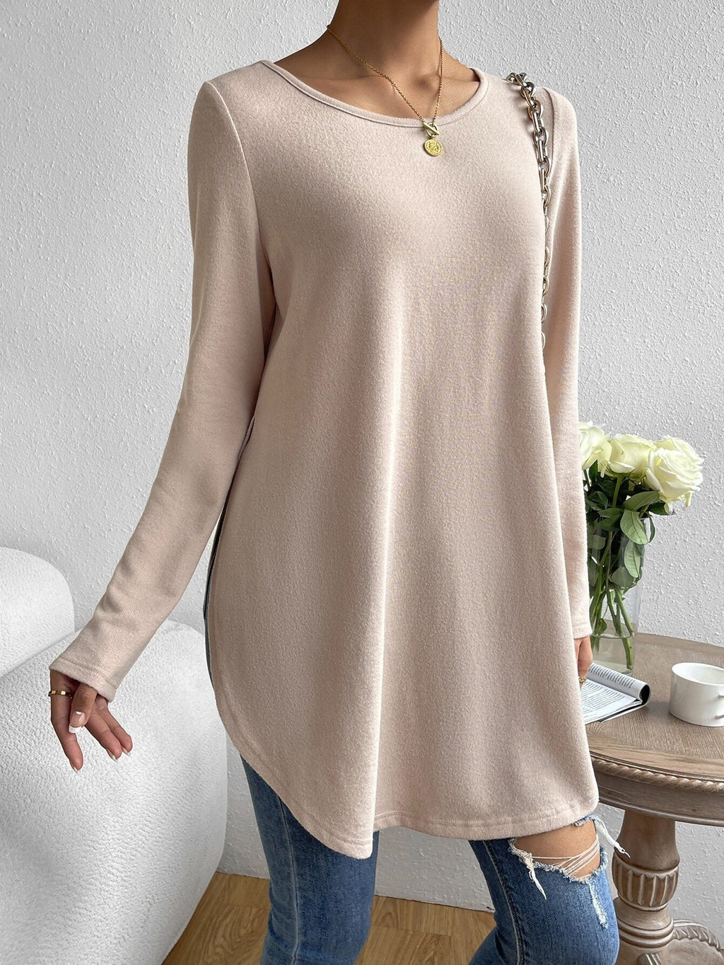 Women's Autumn And Winter Long-Sleeved T-Shirt With Slits On Both Sides