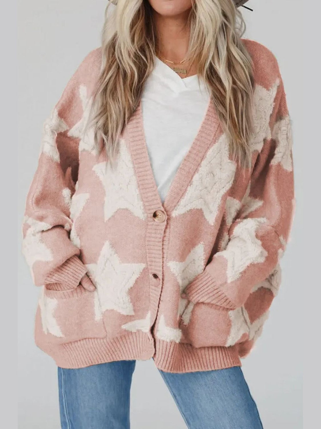 Women's Star Print Button-Up Cardigan Sweater with Pockets