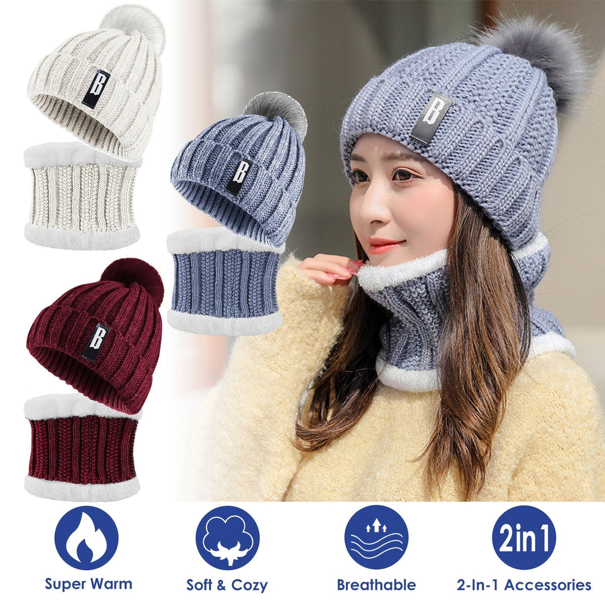 Winter Beanie Hat Scarf Set with Neck Warmer