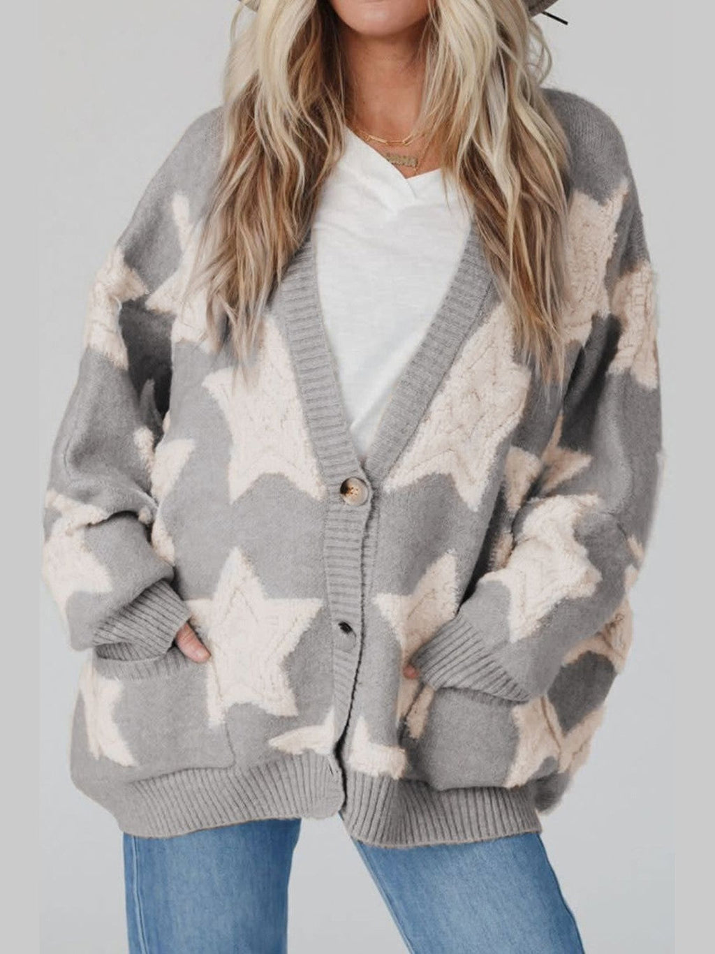 Women's Star Print Button-Up Cardigan Sweater with Pockets