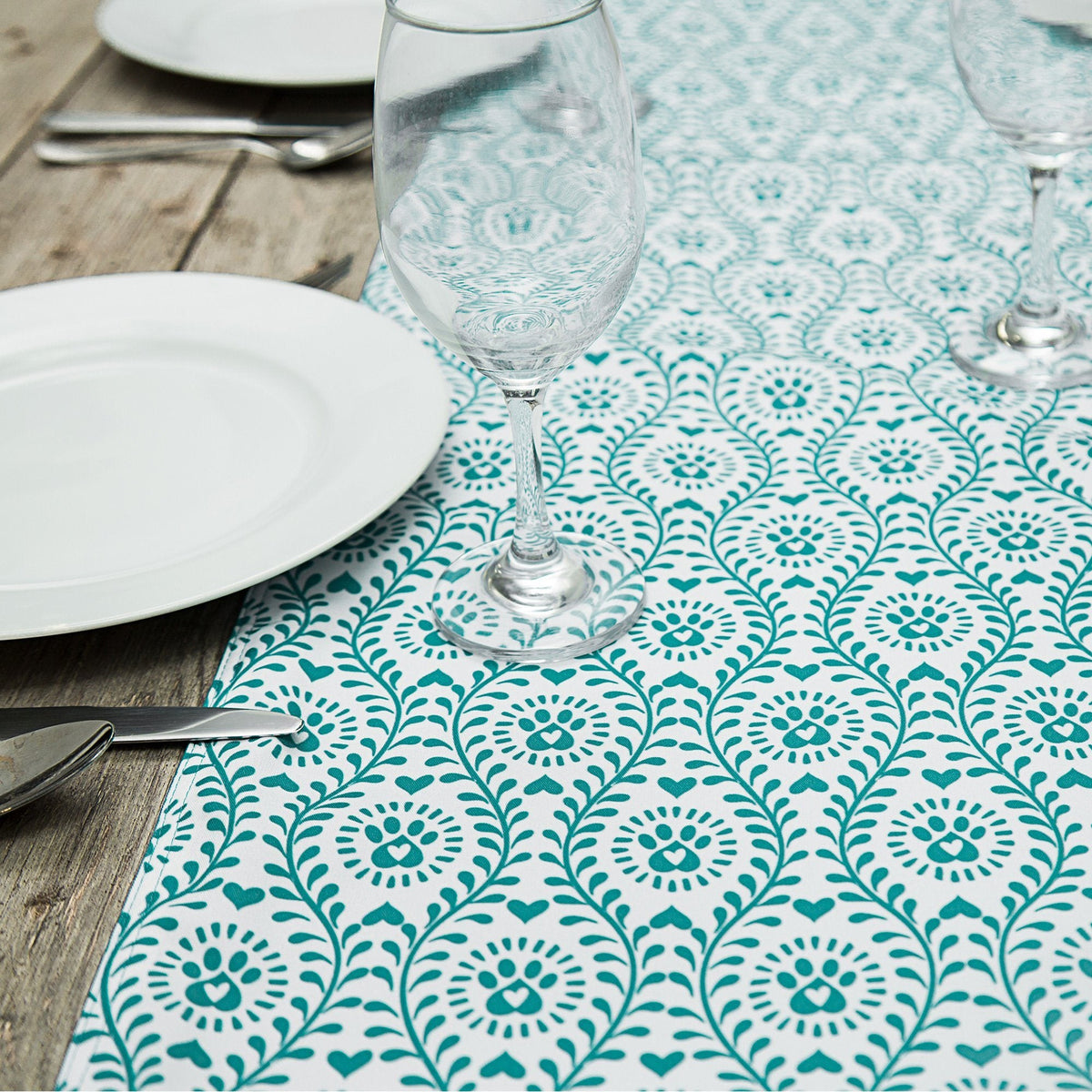 Patterned Table Runner - turquoise patterned and checkered dog prints