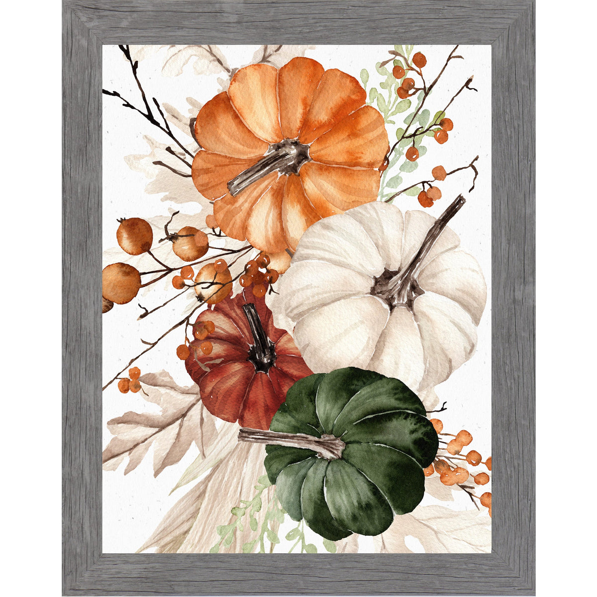 Pumpkin Bouquet Wall Art – Watercolor Orange White Burgundy Green Autumn Portrait Farmhouse Decor (SB252)