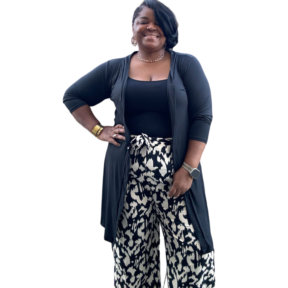 Womens Plus Black and White Wide Leg Belt Pant