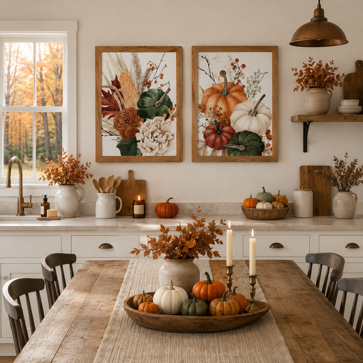 Harvest Bouquet Wall Art – Watercolor Pumpkin Corn Wheat Autumn Decor (SB251)