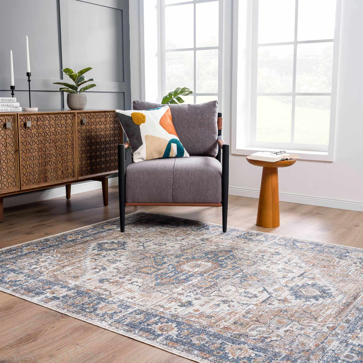 Turkish Cream and blue Washable Area Rug