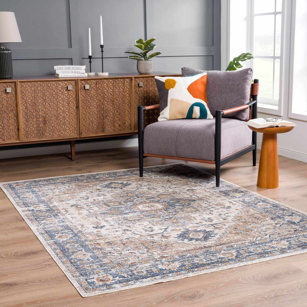 Turkish Cream and blue Washable Area Rug
