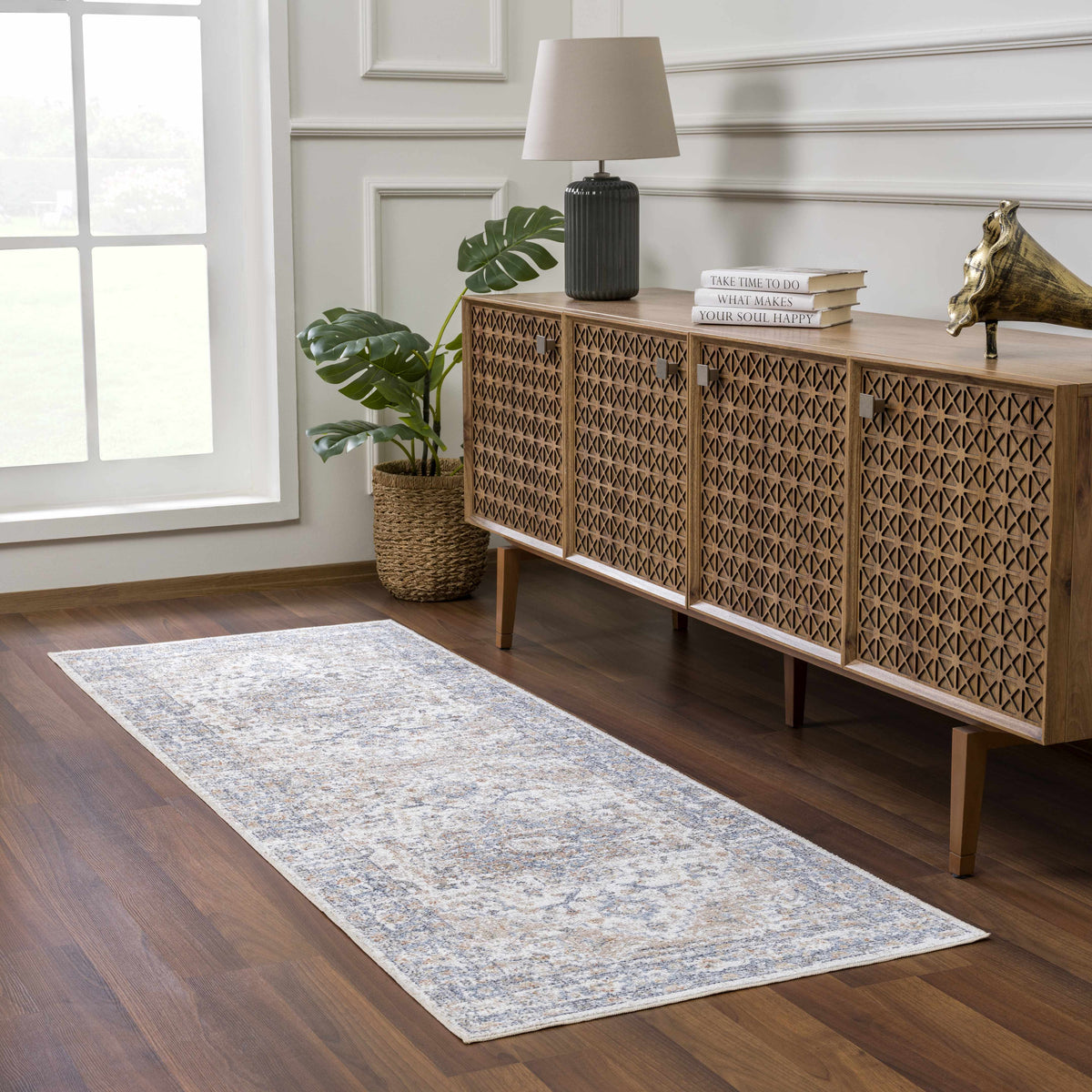 Turkish Cream and blue Washable Area Rug