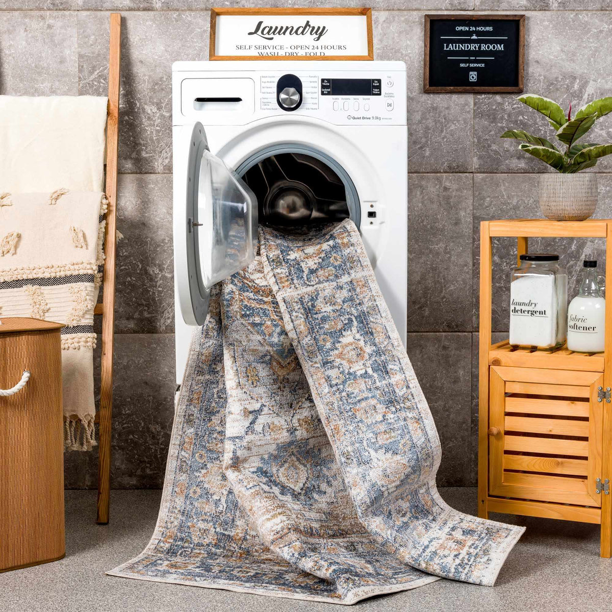 Turkish Cream and blue Washable Area Rug