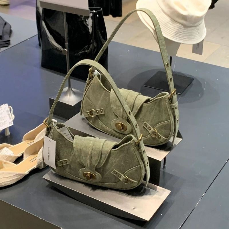 Vintage Army Green Splicing Armpit Bag – Stylish Small Shoulder Purse, Versatile Hobo Bag