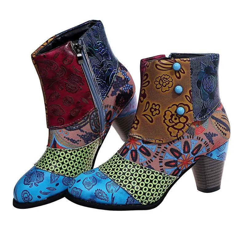Ankle Boots Autumn PU Ethnic Waterproof Casual Vintage Shoes Zipper High Heel