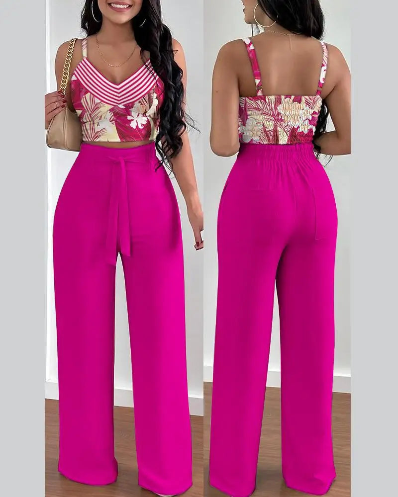 2 Piece Outfits V-Neck Strap Shirred Slim Crop Top & Lace-up Wide Leg Pants Set