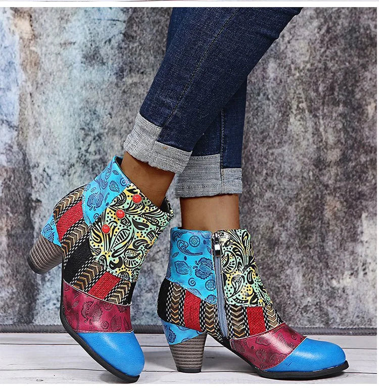 Ankle Boots Autumn PU Ethnic Waterproof Casual Vintage Shoes Zipper High Heel