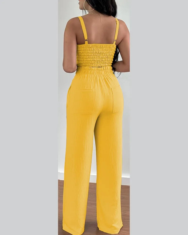 2 Piece Outfits V-Neck Strap Shirred Slim Crop Top & Lace-up Wide Leg Pants Set