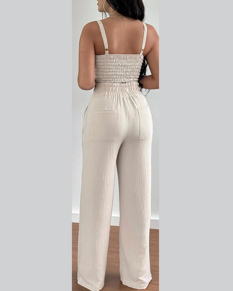 2 Piece Outfits V-Neck Strap Shirred Slim Crop Top & Lace-up Wide Leg Pants Set