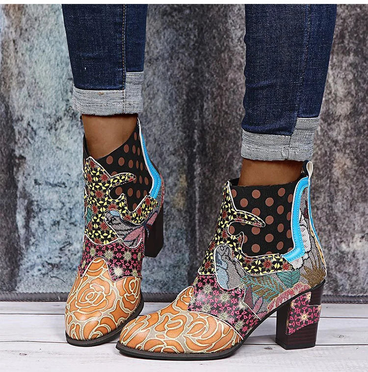 Ankle Boots Autumn PU Ethnic Waterproof Casual Vintage Shoes Zipper High Heel