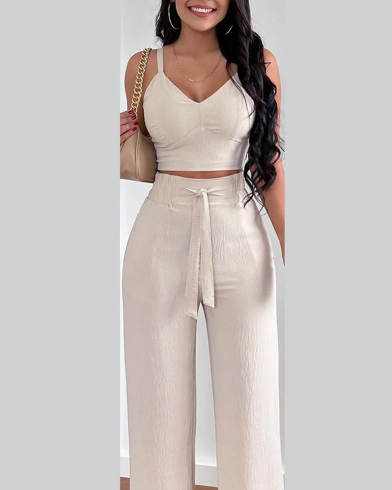 2 Piece Outfits V-Neck Strap Shirred Slim Crop Top & Lace-up Wide Leg Pants Set