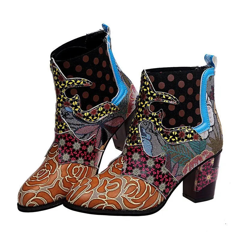 Ankle Boots Autumn PU Ethnic Waterproof Casual Vintage Shoes Zipper High Heel