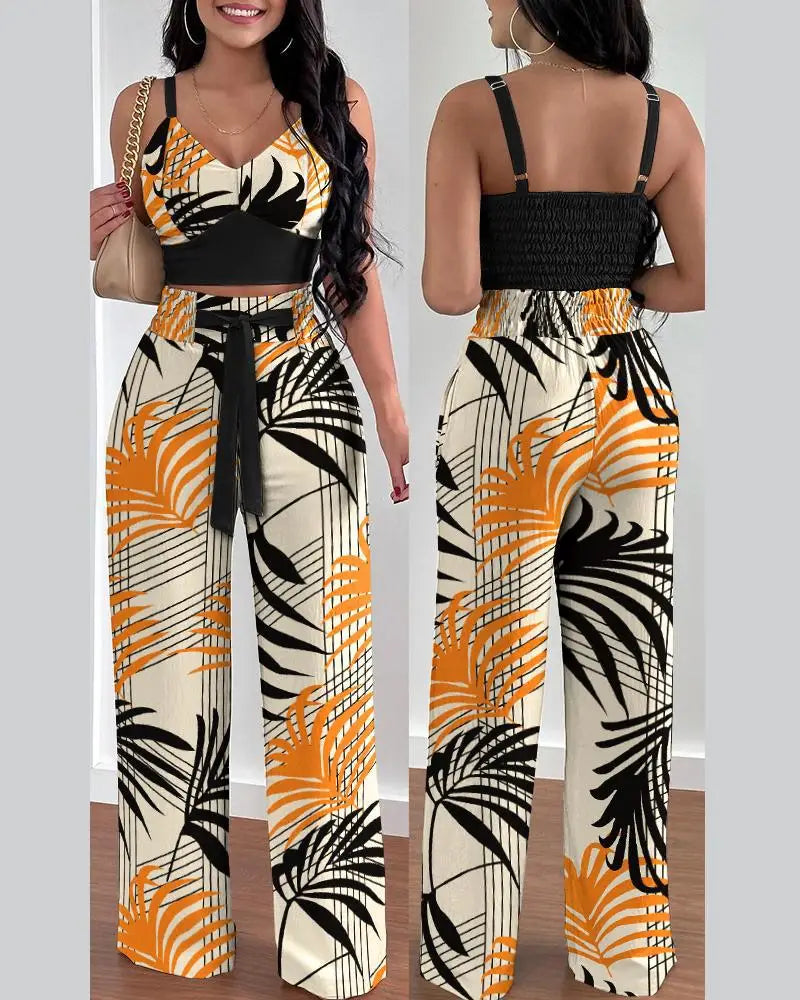 2 Piece Outfits V-Neck Strap Shirred Slim Crop Top & Lace-up Wide Leg Pants Set