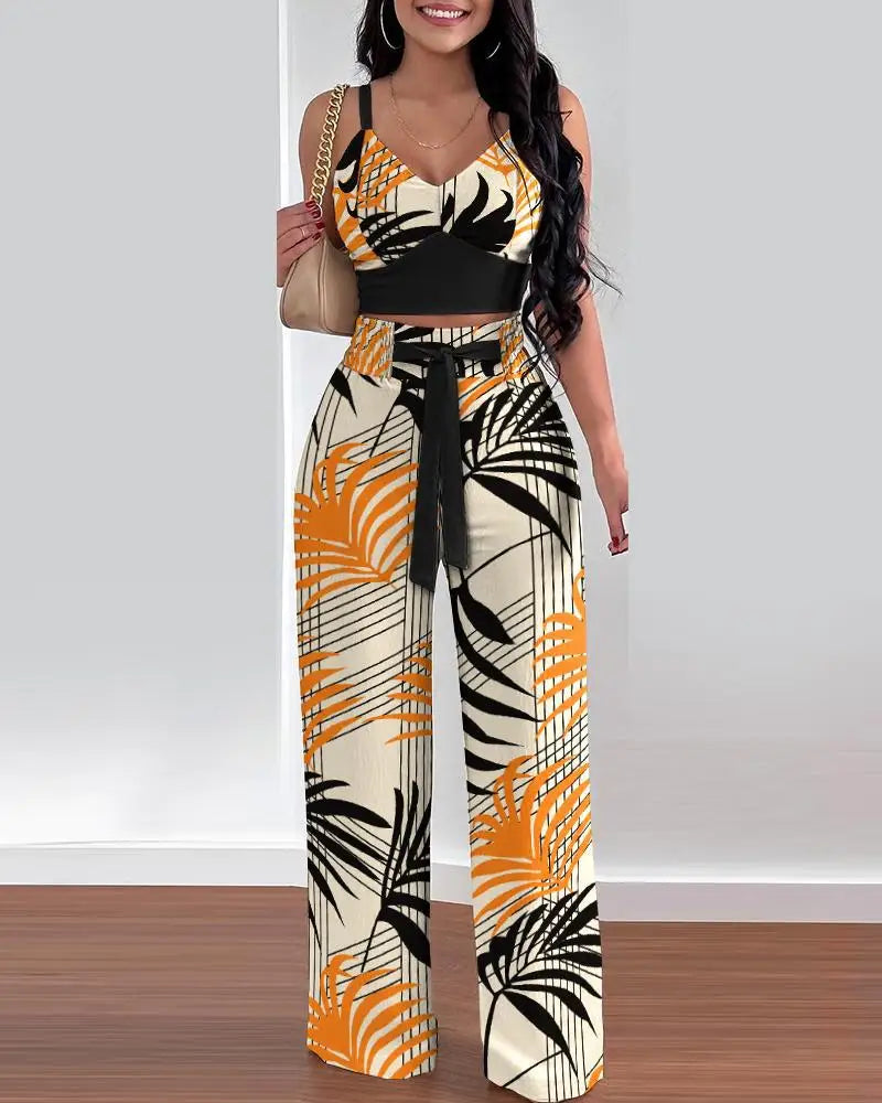 2 Piece Outfits V-Neck Strap Shirred Slim Crop Top & Lace-up Wide Leg Pants Set