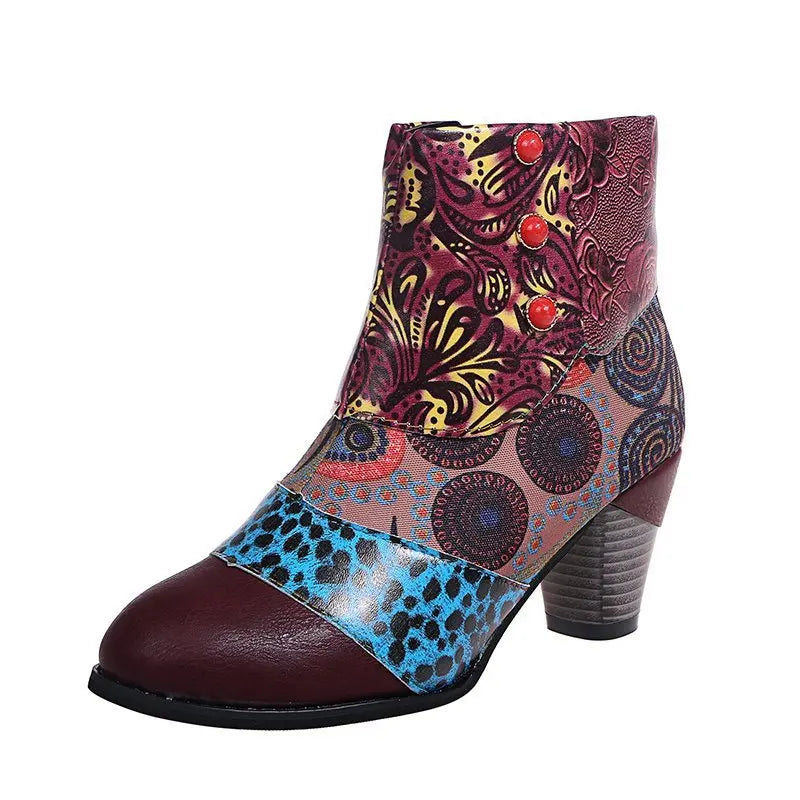 Ankle Boots Autumn PU Ethnic Waterproof Casual Vintage Shoes Zipper High Heel