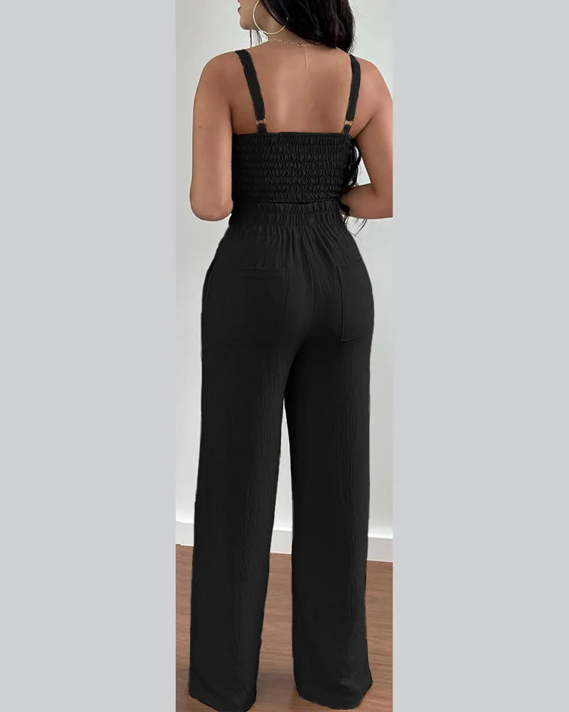 2 Piece Outfits V-Neck Strap Shirred Slim Crop Top & Lace-up Wide Leg Pants Set