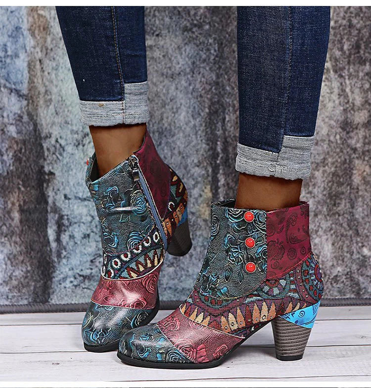 Ankle Boots Autumn PU Ethnic Waterproof Casual Vintage Shoes Zipper High Heel