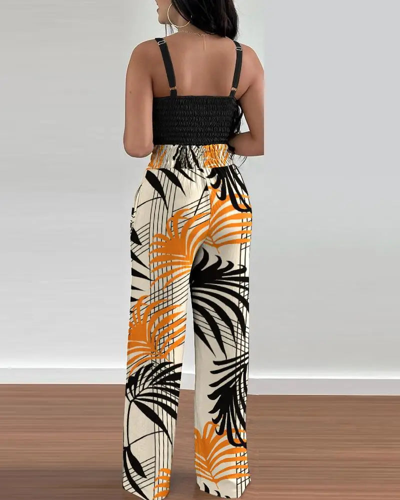 2 Piece Outfits V-Neck Strap Shirred Slim Crop Top & Lace-up Wide Leg Pants Set