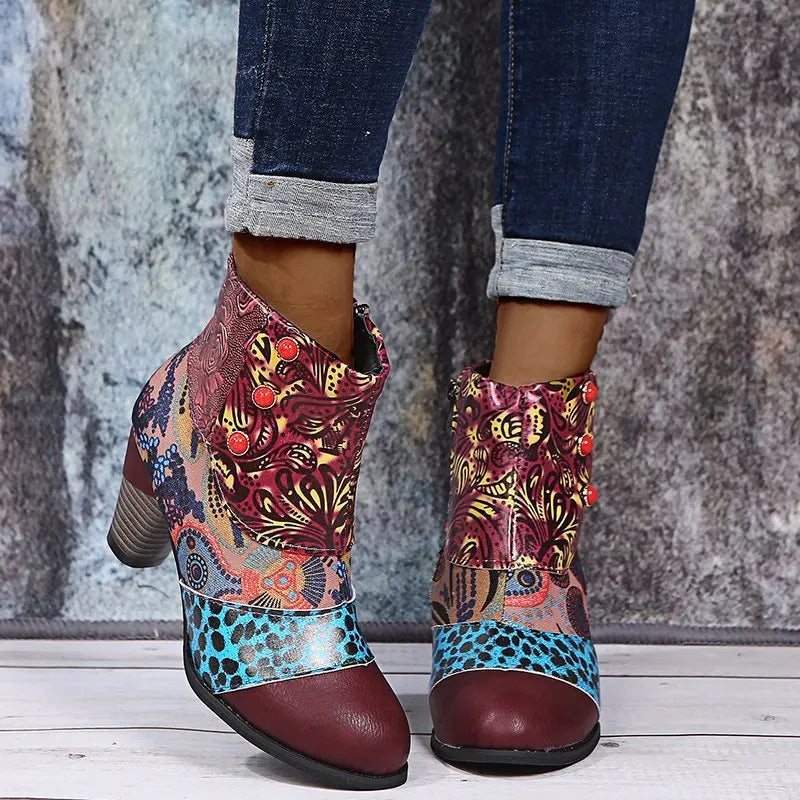 Ankle Boots Autumn PU Ethnic Waterproof Casual Vintage Shoes Zipper High Heel
