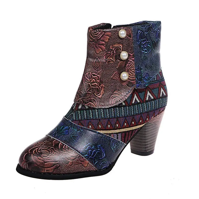 Ankle Boots Autumn PU Ethnic Waterproof Casual Vintage Shoes Zipper High Heel