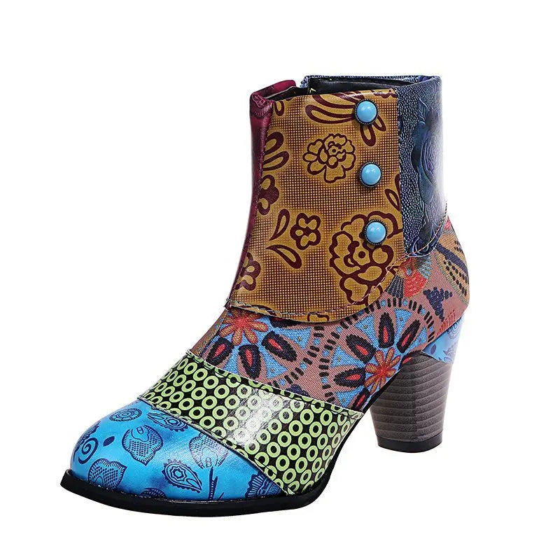 Ankle Boots Autumn PU Ethnic Waterproof Casual Vintage Shoes Zipper High Heel