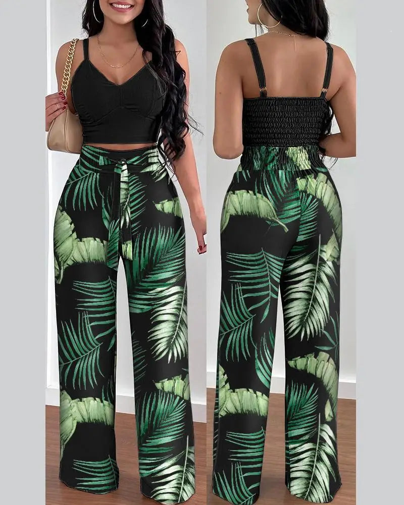 2 Piece Outfits V-Neck Strap Shirred Slim Crop Top & Lace-up Wide Leg Pants Set
