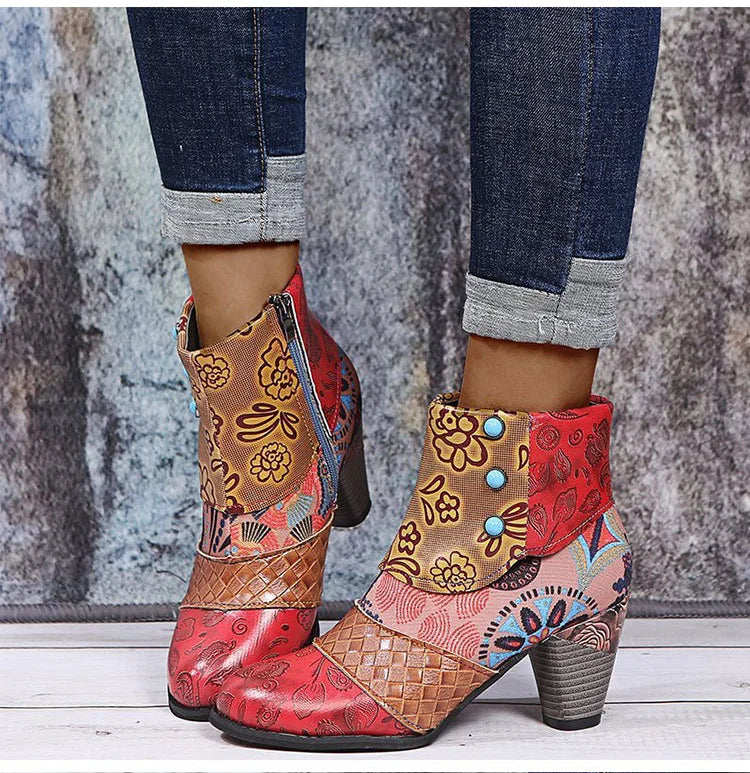 Ankle Boots Autumn PU Ethnic Waterproof Casual Vintage Shoes Zipper High Heel