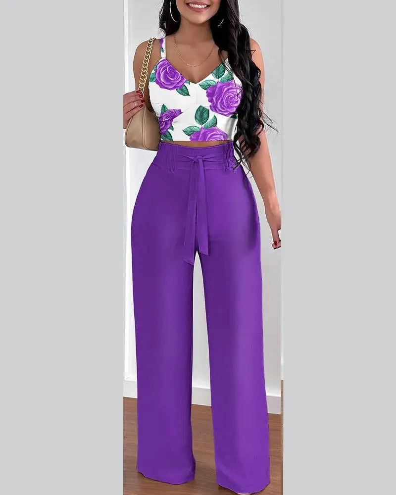 2 Piece Outfits V-Neck Strap Shirred Slim Crop Top & Lace-up Wide Leg Pants Set