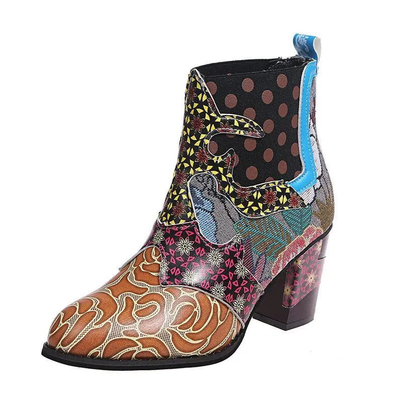 Ankle Boots Autumn PU Ethnic Waterproof Casual Vintage Shoes Zipper High Heel