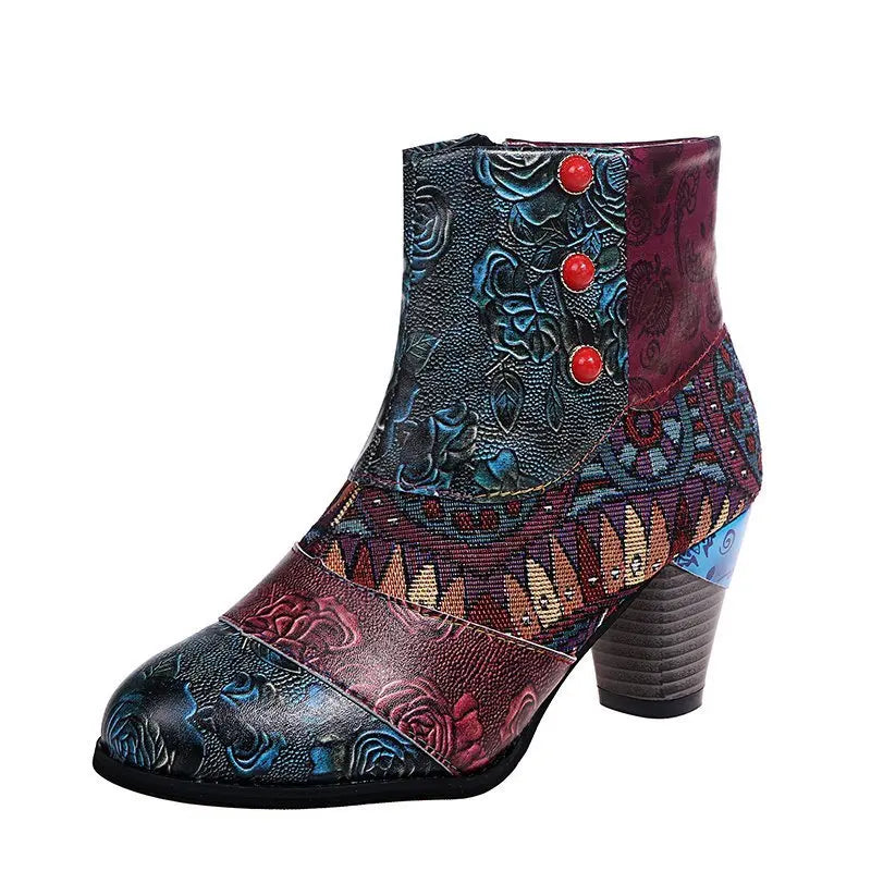 Ankle Boots Autumn PU Ethnic Waterproof Casual Vintage Shoes Zipper High Heel