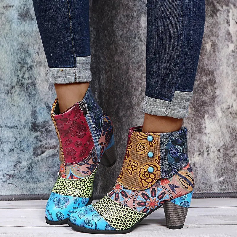 Ankle Boots Autumn PU Ethnic Waterproof Casual Vintage Shoes Zipper High Heel