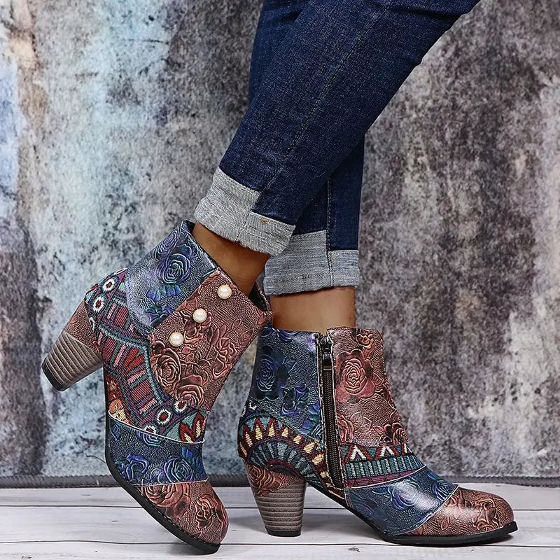 Ankle Boots Autumn PU Ethnic Waterproof Casual Vintage Shoes Zipper High Heel