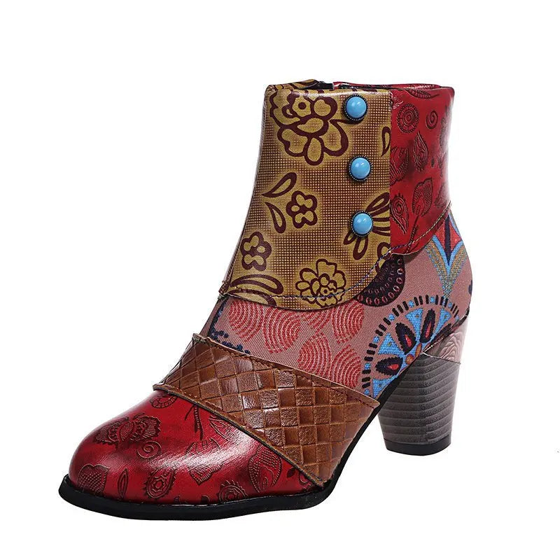 Ankle Boots Autumn PU Ethnic Waterproof Casual Vintage Shoes Zipper High Heel