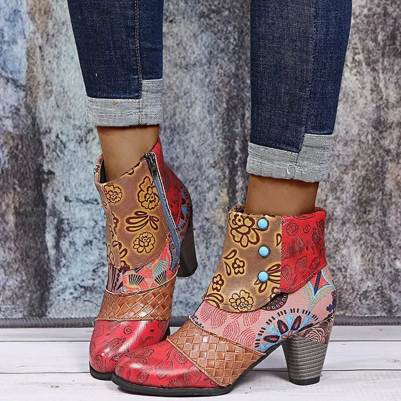 Ankle Boots Autumn PU Ethnic Waterproof Casual Vintage Shoes Zipper High Heel