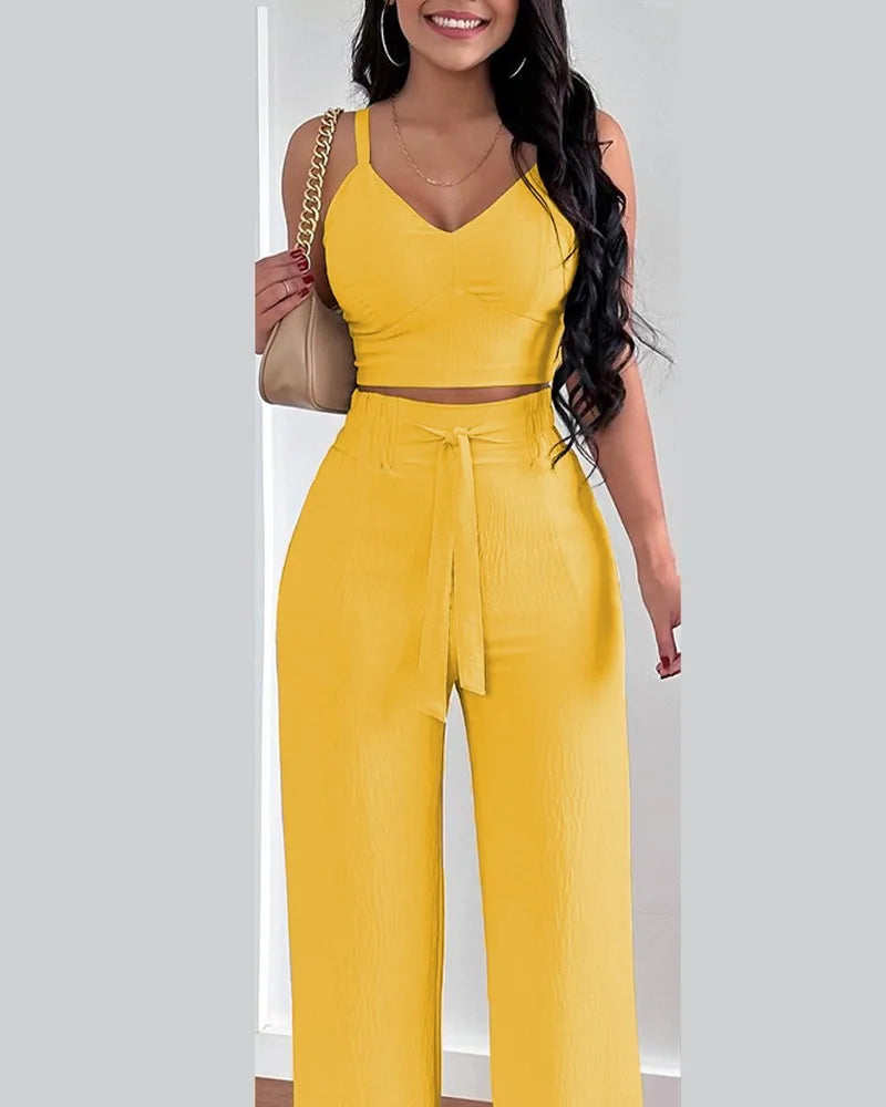 2 Piece Outfits V-Neck Strap Shirred Slim Crop Top & Lace-up Wide Leg Pants Set