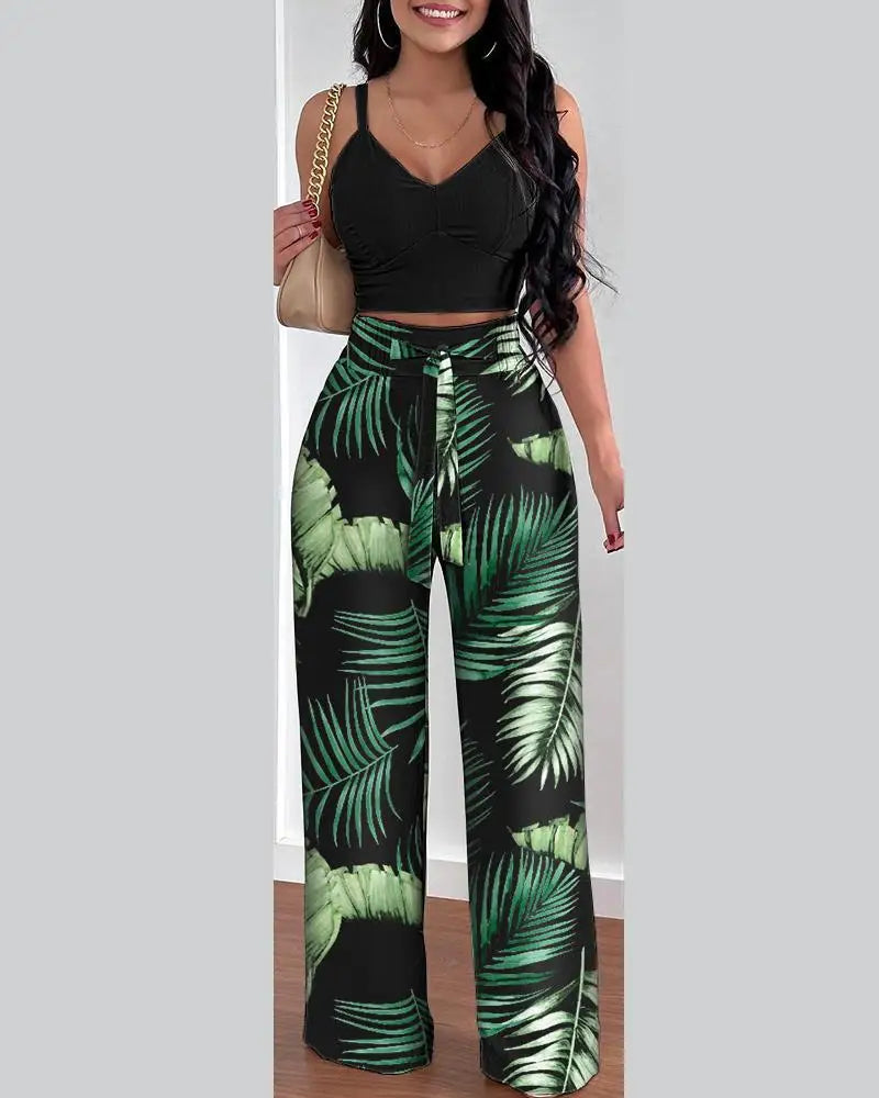 2 Piece Outfits V-Neck Strap Shirred Slim Crop Top & Lace-up Wide Leg Pants Set
