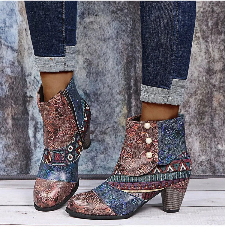 Ankle Boots Autumn PU Ethnic Waterproof Casual Vintage Shoes Zipper High Heel