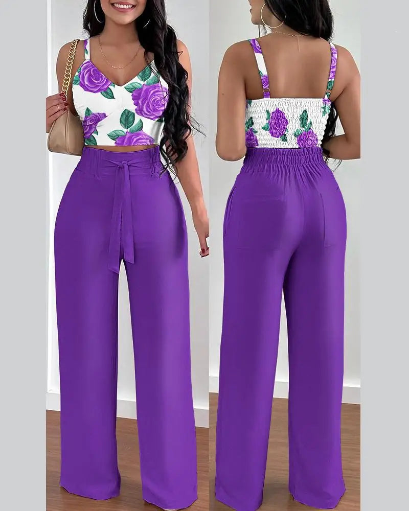 2 Piece Outfits V-Neck Strap Shirred Slim Crop Top & Lace-up Wide Leg Pants Set